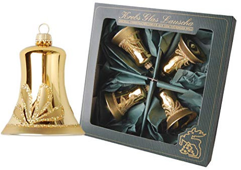 Dekohelden24 Lauschaer Christbaumschmuck - 4er Set Glocken glänzend in Gold mit Dekor, 7 cm, mit goldenem Krönchen + 50 Schnellaufhänger in Gold GRATIS zu Ihrer Bestellung dazu !