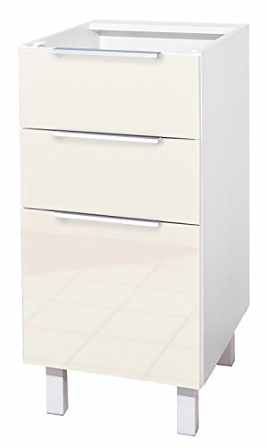 Berlioz Creations CT4BI Unterschrank für Küche mit 3 Schubladen, in elfenbeinfarbenem Hochglanz, 40 x 52 x 83 cm, 100 Prozent französische Herstellung
