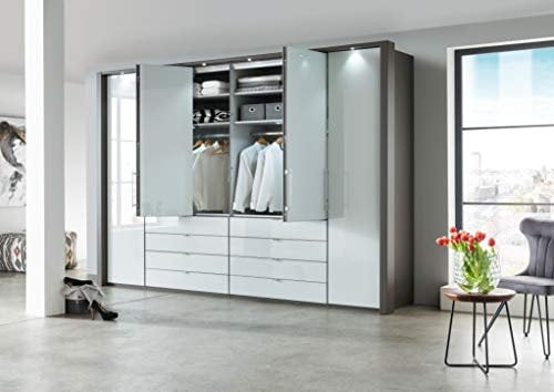 WIEMANN Loft Kleiderschrank, Schlafzimmerschrank, Gleittürenschrank, Drehtürenschrank, mit Schubladen, Glas weiß, Havanna, B/H/T 300 x 236 x 58 cm