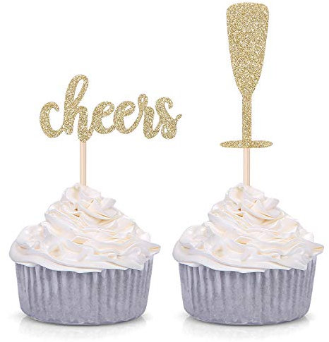 Pack of 24 Gold Glitter Cheers and Champagne Glasses Cupcake Toppers for Baby Shower Wedding Engagement Celerating Party Decorations