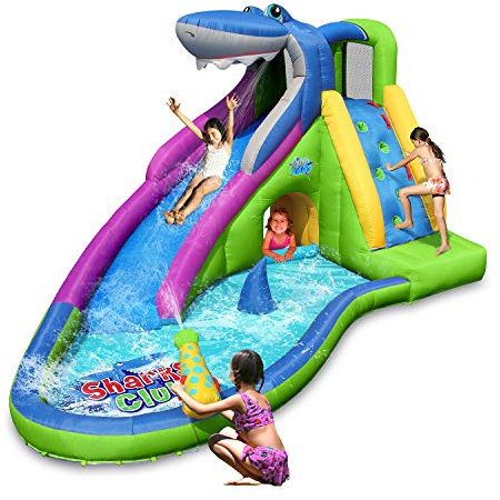 ACTION AIR Inflatable Water Slide, Shark Bounce House with Slide for Wet and Dry, Playground Sets for Kids Backyard, Water Spray & Water Pool, Durable Sewn with Extra Thick Material