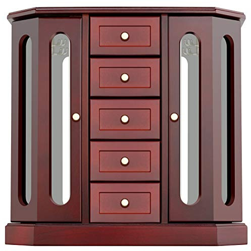 RR Rond Coffret Boîte à Bijoux en Bois Massif avec 5 tiroirs et 2 Portes Ouvertes séparées sur 2 côtés et Grand Miroir Noir 13.5 x 5 x 13.2 in Brown-Cabinet