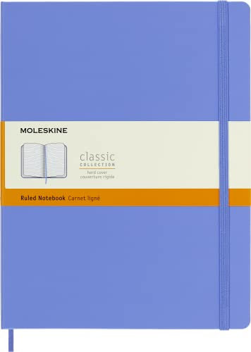 Moleskine - Klassisches Notizbuch, Liniertes Notizbuch, Hardcover und elastischer Verschluss, Größe XL 19 x 25 cm, Farbe Hortensienblau, 192 Seiten
