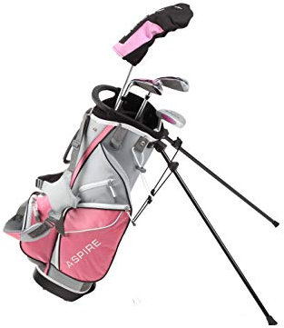 Aspire Golf Junior Plus Complete Golf Club Set for Children, Kids - 5 Age Groups Boys and Girls - Right Hand, Real Girls Junior Golf Bag, Kids Golf Clubs Set (Pink Ages 5-6)
