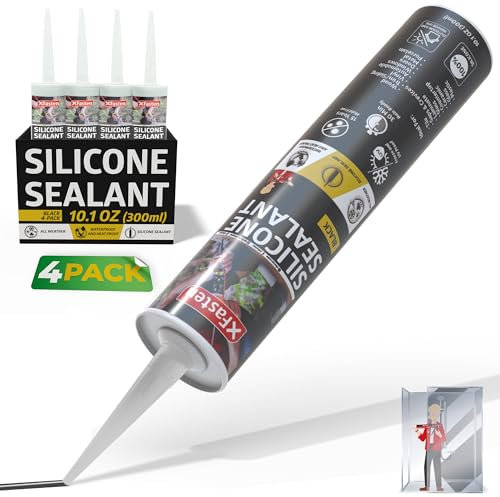 XFasten Silicone Sealant Waterproof Black Cartridge, 10.1 oz (4-Pack) Black Caulking Silicone Adhesive Sealant Cartridge for RV, General Use, Window, Door, Glass, Automotive Leak Sealing