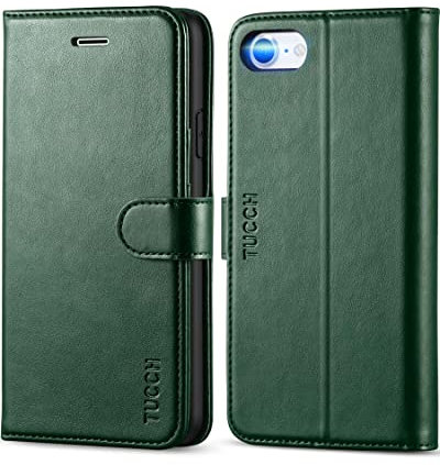 TUCCH Hülle für iPhone SE 2022/2020 5G Case iPhone 8/7 [Schützt vor Stößen] Handyhülle mit Magnetverschluss [TPU] [Kartenfach] Booklet kompatibel mit iPhone SE3/SE2 (4,7 Zoll) Dunkelgrün