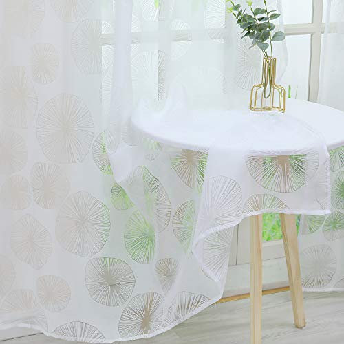 Delien Voile Gardine mit Ausbrenner Lotus Blatt Motiv transparenter Vorhang mit Kräuselband Wohnzimmer Gardinenschals BxH 140x245cm Weiß, 1 St.