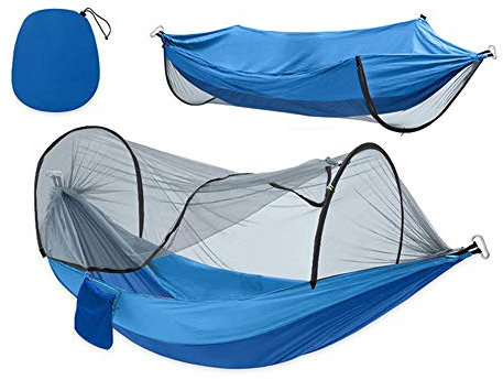 Qis.GH Hamac avec Moustiquaire 2 Personne Camping, Ouverture Automatique Rapide Portable Outdoor Moustiquaire Hamac, Ultraléger Portable Coupe-Vent, Anti-Moustiques, Swing Sleeping Hamac,Bleu