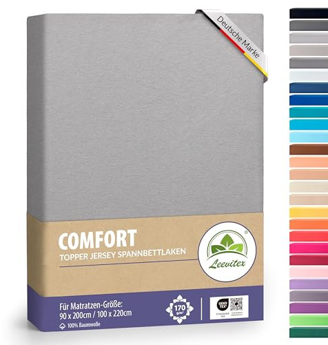 leevitex Premium Topper Boxspringbett Spannbettlaken | 100% Mako-Jersey-Baumwolle | ÖKO-TEX | 170g/m² | 90 x 200-100 x 220 | Grau | 18 cm Steg