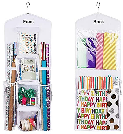 LXTaoler Doppelseitige hängende Geschenktüte zum Aufhängen, Geschenkpapier, Aufbewahrung, Organizer, Tasche mit mehreren Taschen, 100 x 43 cm, transparente PVC-Tasche (weiß)