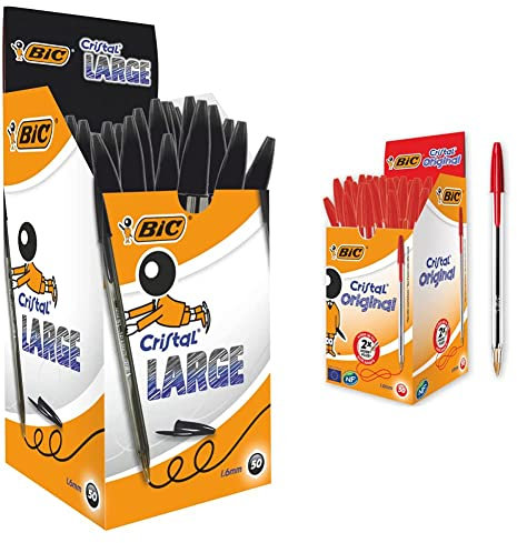 BIC Cristal Large bolígrafos Punta Gruesa (1,6 mm) - Negro, Caja de 50 unidades + Original Caja de 50 unidades - bolígrafos punta media (1,0 mm), color rojo - material oficina