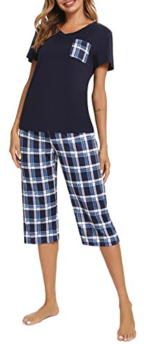 iClosam Pyjama Femme Été en Coton Ensemble de Pyjama Court à Carreaux VêTements de Nuit à Manche Courte Tenue de Nuit 2 Pièces avec T-Shirt et Pantalon Capri
