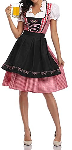 JTLB Dirndl midi Costume traditionnel Oktoberfest Broderie Chemisier Tablier Robes Jupon Bière Sœur Restaurant Serveur Cosplay Serveuse Costume de bière Fille
