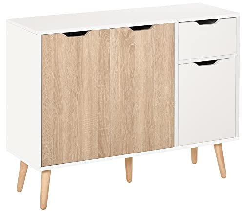 HOMCOM Sideboard mit Schrank und Schubladen Kommode Nachttisch Beistellschrank im skandinavischen Design viel Stauraum MDF Spanplatte Weiß+Natur 90 x 30 x 72 cm