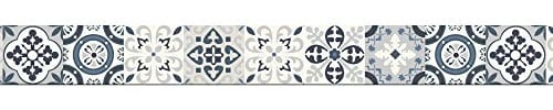 Frise adhésive autocollante borgatella bleu 5 cm X 300 cm, déco intérieure murale, revêtement mural autocollant, motif carreaux de ciment ancien.