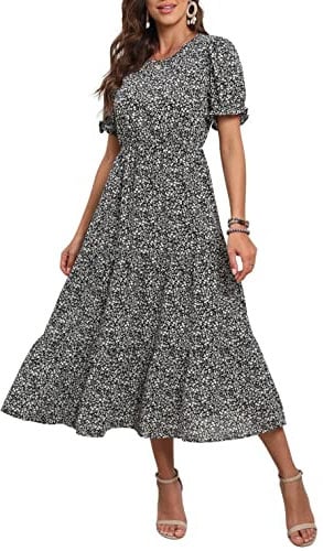 GRECERELLE Womens Summer Midi Dress Floral Print Boho Dress Ruffle Puff Sleeve High Waist A-Line Casual Boho Cocktail Holiday Beach Long Dress for Ladies (FP Floret Black, M)