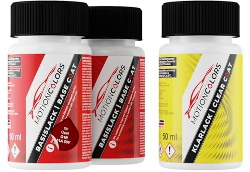MOTIONCOLORS Peperoncino Red Metallic/Chili Rot Metallic G1R / 51A 50Y für Opel Autolack Lackstift Set Grundlack Basislack Klarlack je 50ml