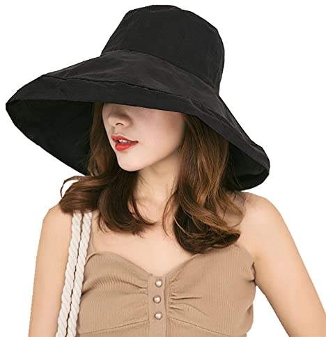 2022 Nouveauté Femme Capeline de Plage Pliable Chapeau de Soleil à Large Bord UPF 50+ Chapeau Protection Solaire Cap Visor Anti-UV Bob Coton Été Visière Casquette Respirant avec Corde de Coupe-Vent
