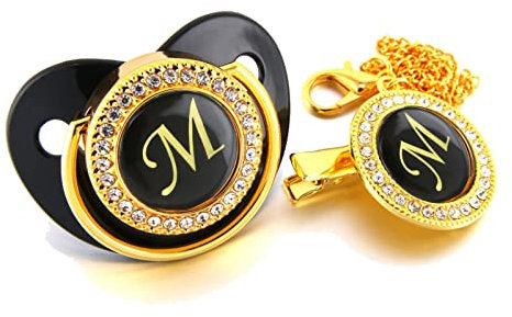 Baby Schwarz Schnuller Name Initialen Brief Bling Luxus Dummy Schnuller mit Kette Clips für 0-18M, Schnuller und Zubehör