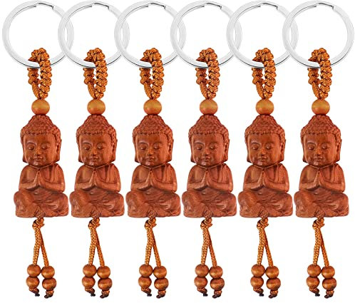 GZcaiyun 6 Stück Buddha Schlüsselanhänger aus Holz, Deko Buddha Anhänger Schlüsselanhänger für DIY Autozubehör Glücksbringer Geschenk (Braun)