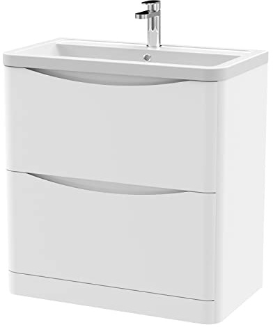nuie LUN103A Lunar Modern Bathroom Floor Standing 2 Drawer Vanity Basin Unit with Ceramic Basin, 800mm, Satin White