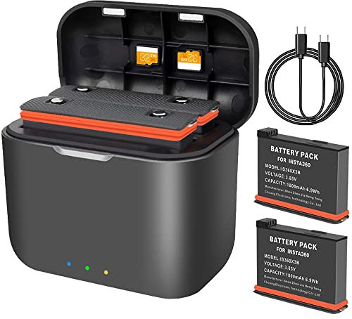 VOLOHAS Doppio Caricabatterie + 2 Batterie per Insta360 X3 Batteria Custodia con Cavo Tipo C Supporta il Protocollo di Ricarica Rapida PD3.0/PD2.0 Stazione di Ricarica Portatile ad Alta Velocità