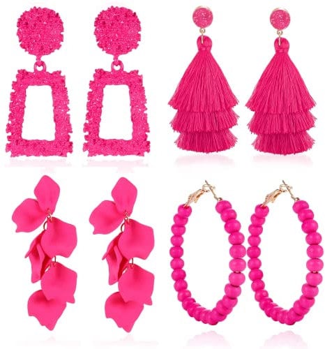 JeryWe 4 Paar Statement Ohrringe für Frauen Damen Geometrische Tropfen Ohrringe Hängend Schmuck Großes Rechteck Retro Boho Reisperlen Reifenohrringe Rose Blume Blütenblatt Quaste Ohrringe Set
