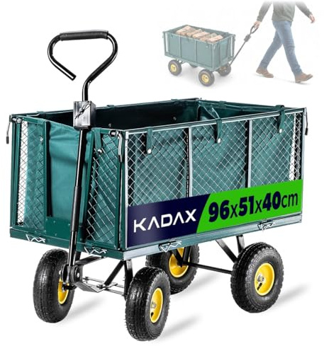 KADAX Netzgartenwagen, 96x51x40cm Gartenwagen aus pulverbeschichteten Metall, Transportwagen mit Traglast bis 500kg, Klappbarer Bollerwagen, Strand, Tiere (Grün)