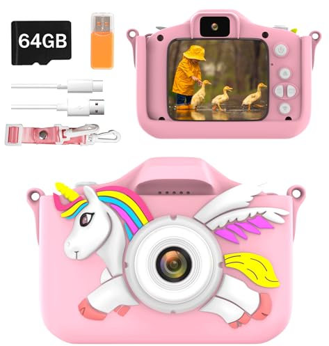 Adicop Kinderkamera Digitalkamera 1080P 2.0 Zoll Bildschirm Fotokamera Kinder Kamera Fotoapparat mit 64GB Karte für 3-10 Jahre Mädchen/Jungen Geschenk Spielzeug Geburtstags Weihnachten-Einhorn