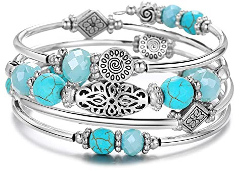 FULU AUTUMN Silver Beaded Bangle Bracelet for Women Handmade Boho Stacking Wrap Bracelet with Crystal Beads Costume Fashion Jewellery Gifts(Turquoise 2)