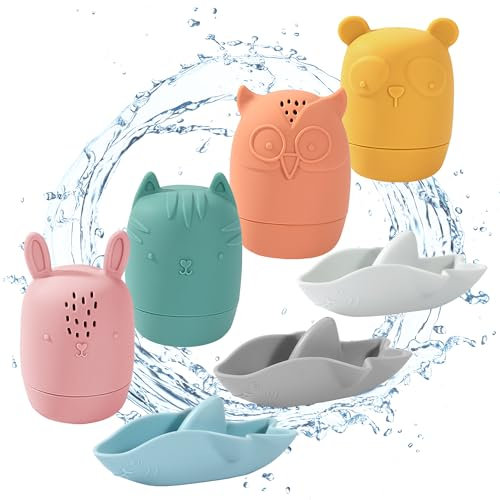 Badewannenspielzeug, 7 Stück Baby Silikon Badewanne Wasser Spielzeug, Badespielzeug Spritztiere Sensorik Spielzeug Geschenk für Kinder Mädchen Junge ab 2 3 4+ Jahre