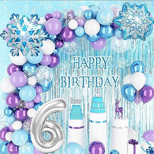6 Jahre Frozen Geburtstagdeko Mädchen,Blau Lila Geburtstag Deko mit 6th Cake Topper Regenvorhang Folie 3D Snowflake Luftballons für 6. Eiskönigin Kindergeburtstag Deko