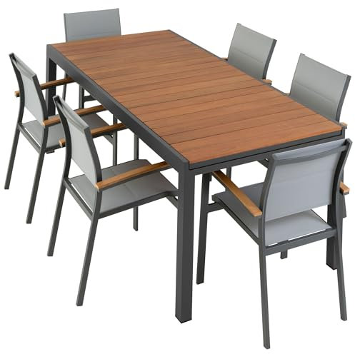 Nexos Trading 7er Garnitur Ausziehbarer Gartentisch aus Holz/Alu mit 6 Stapelstühlen