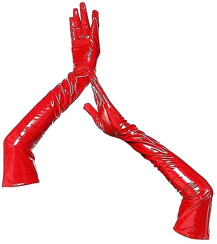 FEOYA Damen Lange Glänzende Wet Look Leder-Optik Handschuhe Abendhandschuhe A1-Rot,M