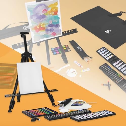 ECD Germany Estuche de Pintura XXL de 140 Piezas con Maletín de Transporte Kit de Arte Portátil Profesional Incluye Caballete de Aluminio, Lápices de colores, Lienzo, Pinceles, Acuarelas y Tiza pastel