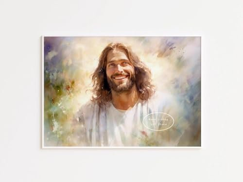 Yimesoy Aquarell Jesus Geht Auf Dem Wasser Poster Jesus Lachendes Bild, Leinwandgemälde Christliche Wandkunst Christus Umarmen Heimdekoration A14 21X30Cm Kein Rahmen