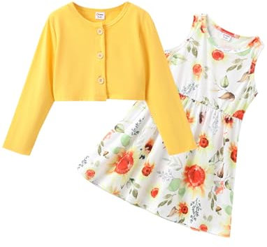 PATPAT Baby Girls Dress and Cardigan Sets 2 PCS Baby Girl Floral Print Dress and Long Sleeve Cardigan Set, Yellow 12-18M