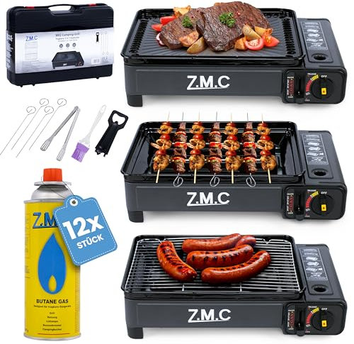 Z.M.C Réchaud de camping et barbecue à gaz 2 en 1 avec accessoires de barbecue et mallette + 12 cartouches de gaz MSF-1a 227 g, réchaud à gaz 2,2 kW avec raccord GPL pour camping