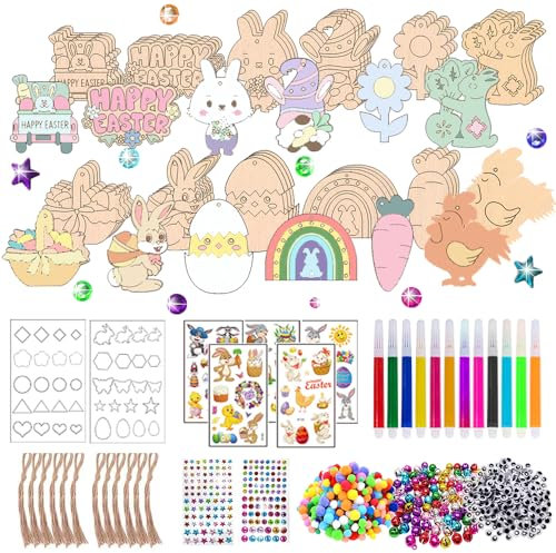 Holzanhänger Ostern Zum Bemalen,Ostern Basteln Holz,271 Stück Ostern Basteln Kinder,Osterdeko Basteln Kinder,Osteranhänger Holz,Mit Schnur,Aquarellstift,Strass,Deko Schnur, Augen ,Osteraufkleber