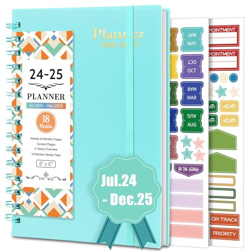 BLESWIN Wochenplaner 2024-2025, 18 Monate Monatsplaner mit Stickern Tabs, 200 Seiten Terminplaner A5 Spiralbindung, Tagebuch A5 mit Organisatorischer Planer, Terminplaner für Frauen Männer, Cyan