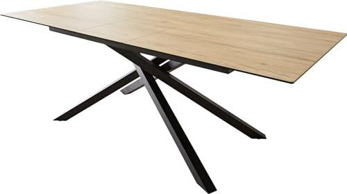 DELIFE Esszimmertisch Edge Keramik Laminam® Sabbia Eichefarbig 180-220x100 Kreuzgestell Rechteck Schwarz ausziehbar