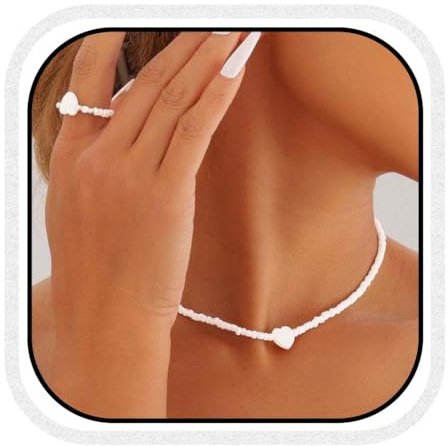 Reaky Beaded Choker Necklaces Heart Necklace Set 2 Pcs Beads Necklaces Chain for Women (White)