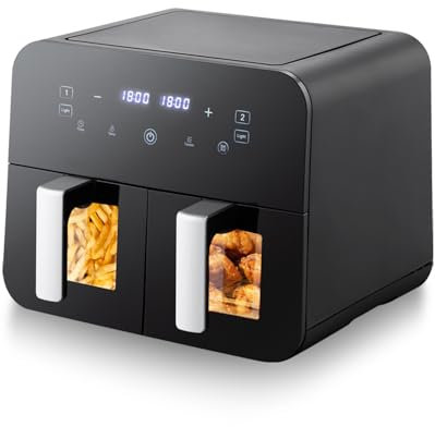10L Dual Air Fryer with Visual Window, XL Capacity with 2 Drawers, 8 Cooking Presets, Touch Screen, Smart Finish, Timer & Temperature Control, Dishwasher-Safe, Energy Saving, Healthy Cooking