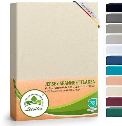 leevitex® Luxus Elasthan Jersey Spannbettlaken | 200x220 – 220x240 cm | Multistretch | 250 g/m² | 92% Mako-Baumwolle 8% Elasthan | 40cm Steghöhe | außergewöhnlich hochwertige Ausführung | Natur