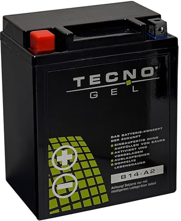 TECNO GEL Motorrad Qualitäts Batterie für YB14-A2 14Ah 12V 135 x 90 x 170 mm Pol - + für Honda CB 750 Nighthawk, F2 Sevenfifty, CBX 750, VF 750, XLV 750, XL 600, CX 650 C, VFR 800