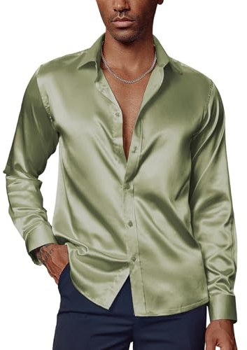 PaulJones Camisas de vestir para hombre, de seda, de manga larga, con lentejuelas, sin planchado, con pajarita, verde claro, L