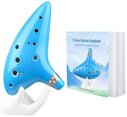 Ohuhu Zelda Ocarina, 12-Loch-Okarina von the Legend of Zelda, Zelda Alto C Triforce Link-Cosplay Geschenk für Zelda-Fans mit Ausstellungsstand Schutztasche Notenschrift, Ceramic Replica Hellblau