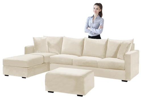SYLC Samt Couch überzug L Form Sofabezug Ecksofa, Sofa Cover L Shape Stretch Mit Sitzkissen Rückenlehne, Universal Sofaüberwurf Waschbar (Beige,Sofabezug 185-230cm)