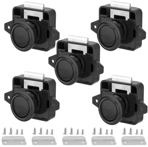Schlüssellos RV Schrankschlösser mit Groß Push Button, ABS RV Cabinet Catch Verriegelung für RV Wohnmobile Wohnmobil-Anhänger Wohnwagen Van Yachten Boote (Schwarz 5 Stück)