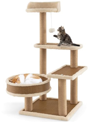 Maxmass Cat Tree, Indoor Cats Tower with Rattan Platforms, Scratching Posts, Plush Covered Top Perch, Dangling Ball & Cozy Cat Bed, 90cm Kitten Activity Center for Bedroom Living Room Pet Store